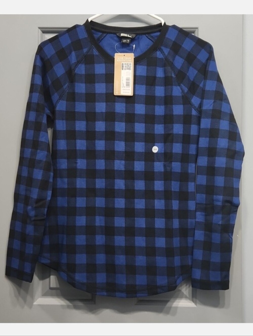 NWT Eddie Bauer Stines Thermal Crew Neck Blue Black Gingham Buffalo Check XS